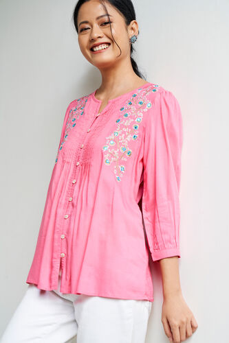 Pink Solid Embroidered Straight Top, Pink, image 1
